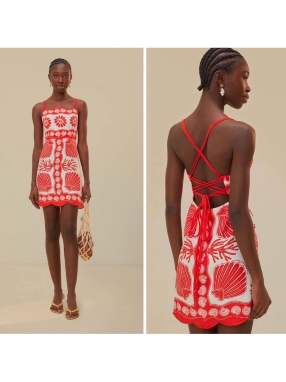 FARM RIO RED/WHITE Cross Tier Back Mini Dress Bold Shell/Coral Print SZ: M